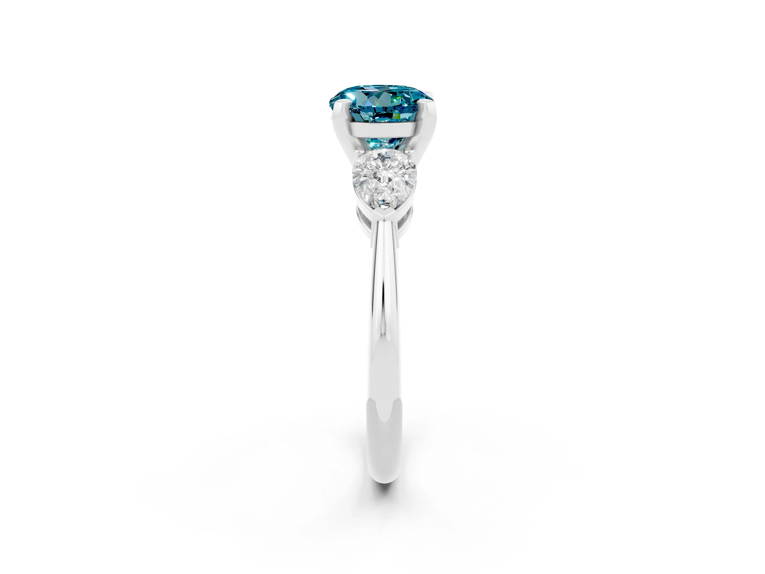 White gold Three-Stone Round Cut Blue Topaz Ring with Pear Side Stones and Four-Prong Setting_20