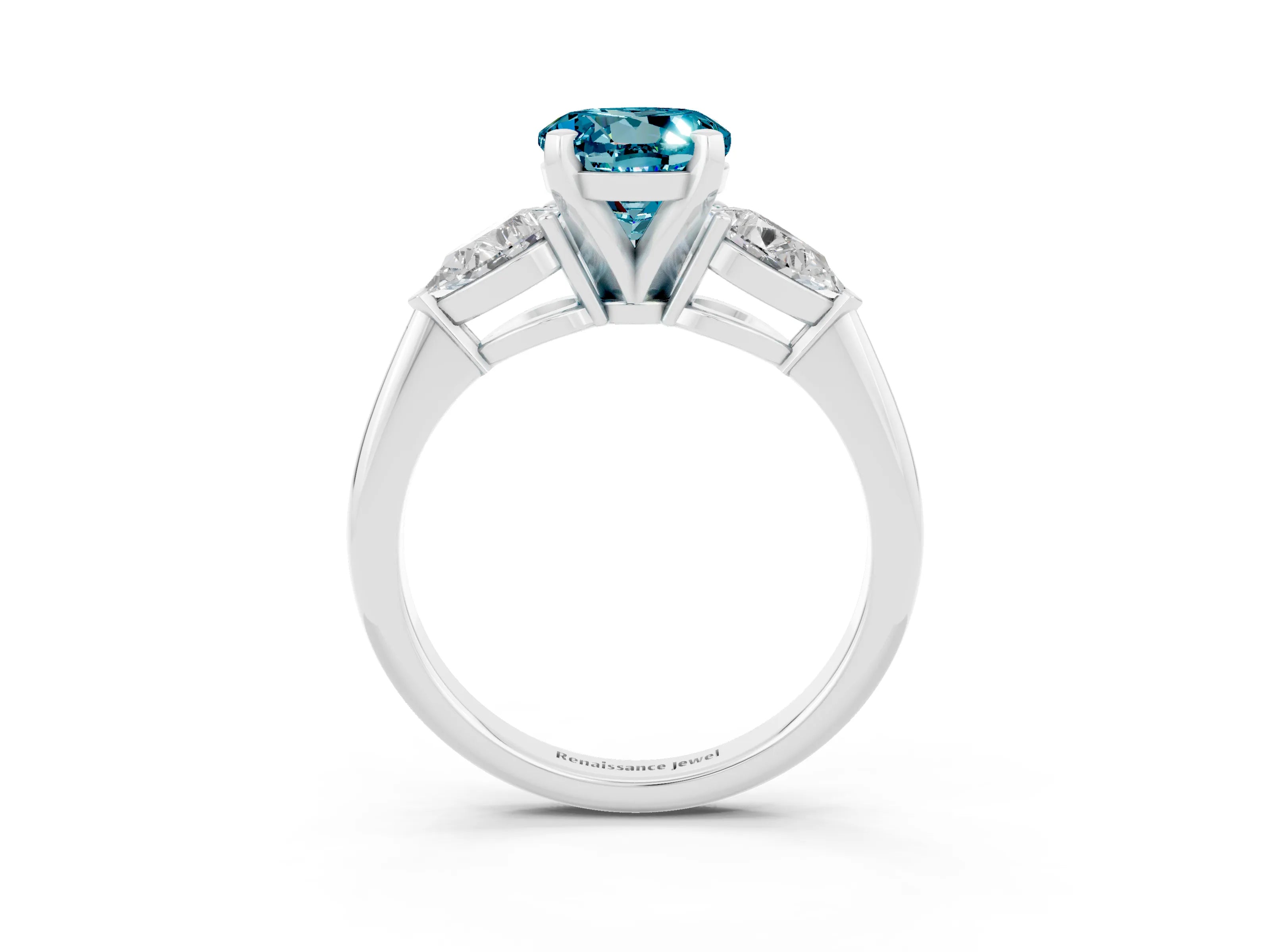 White gold Three-Stone Round Cut Blue Topaz Ring with Pear Side Stones and Four-Prong Setting_23
