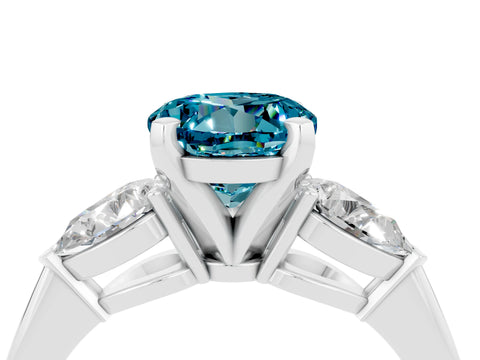 White gold Three-Stone Round Cut Blue Topaz Ring with Pear Side Stones and Four-Prong Setting_28