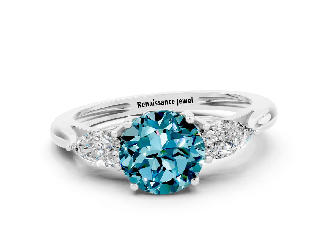 White gold Three-Stone Round Cut Blue Topaz Ring with Pear  Side Stones in Four-Prong Setting_12