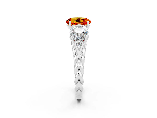 White gold Three-Stone Round Cut Citrine Braided Band Ring with Four-Prong Setting