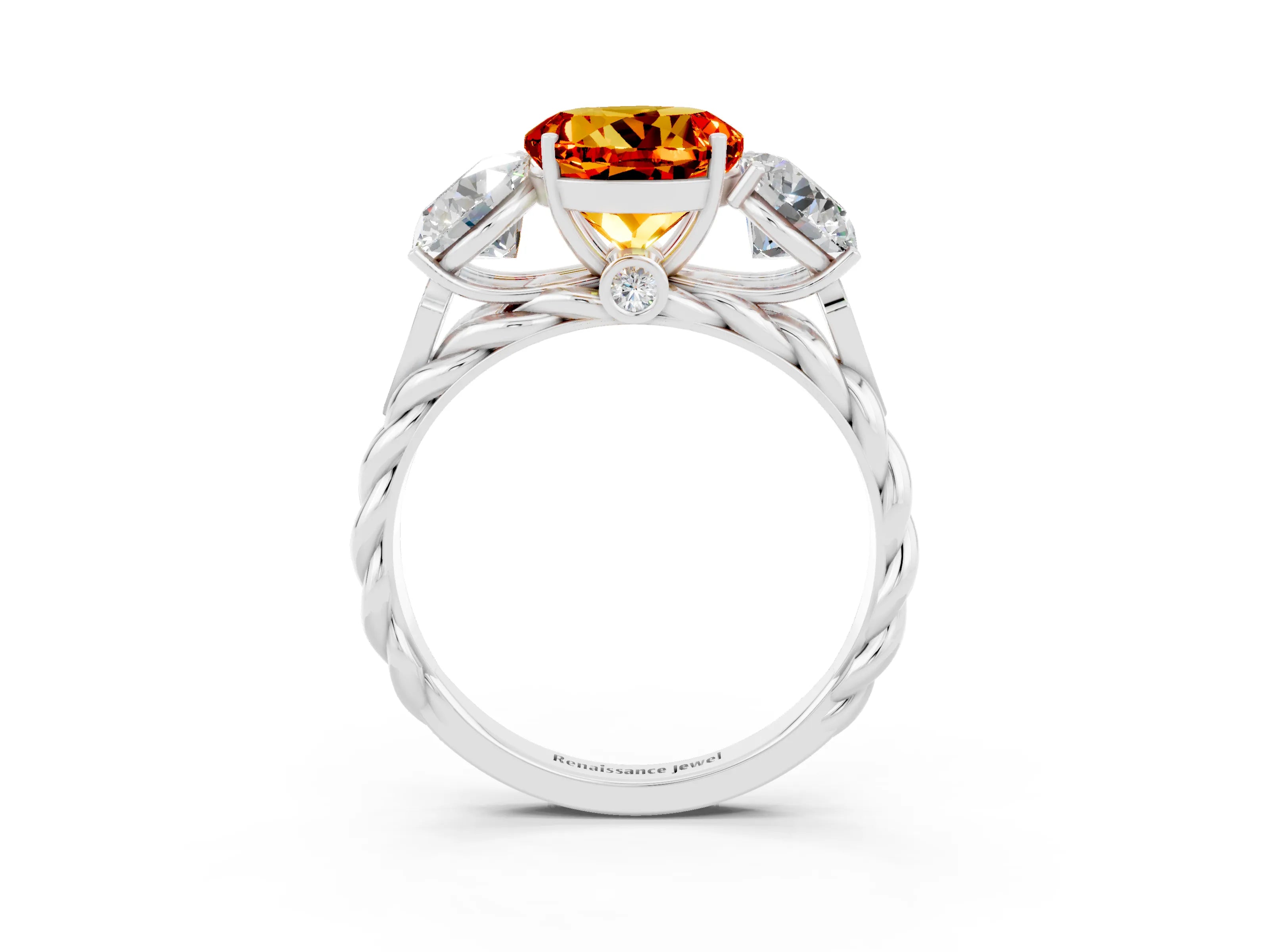White gold Three-Stone Round Cut Citrine Braided Band Ring with Four-Prong Setting_15