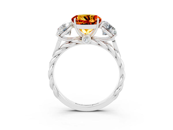 White gold Three-Stone Round Cut Citrine Braided Band Ring with Four-Prong Setting