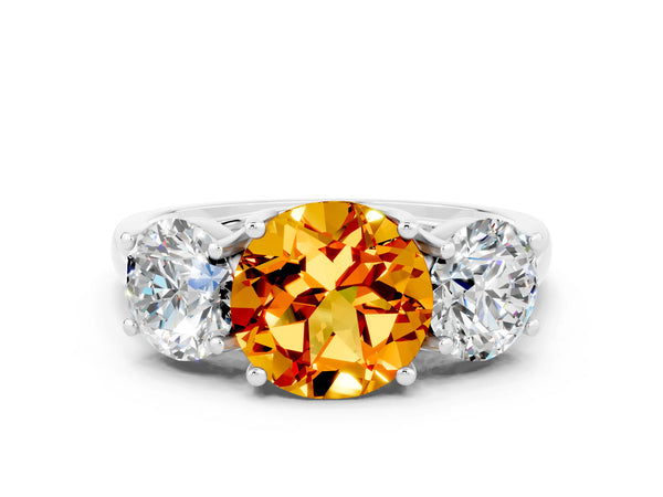 Platinum Three-Stone Round Cut Citrine Engagement Ring with Prong Setting