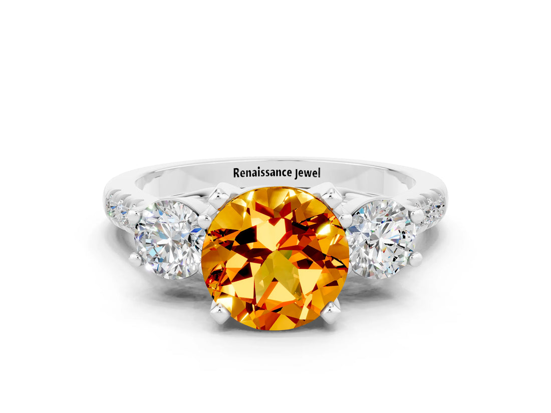 White gold Three-Stone Round Cut Citrine Pavé Band with Four-Prong Setting
