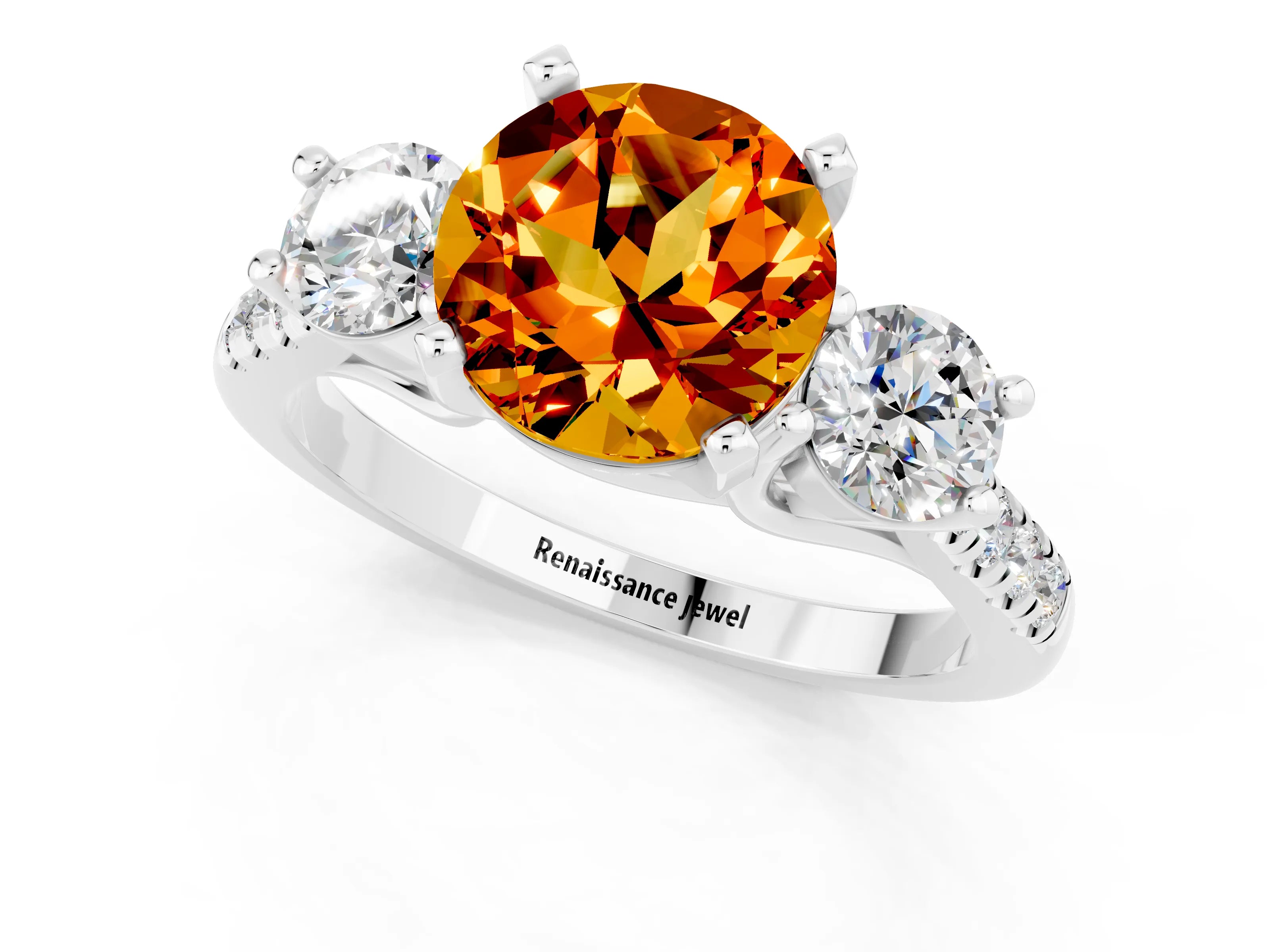 White gold Three-Stone Round Cut Citrine Pavé Band with Four-Prong Setting_1