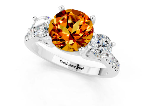 White gold Three-Stone Round Cut Citrine Pavé Band with Four-Prong Setting_1