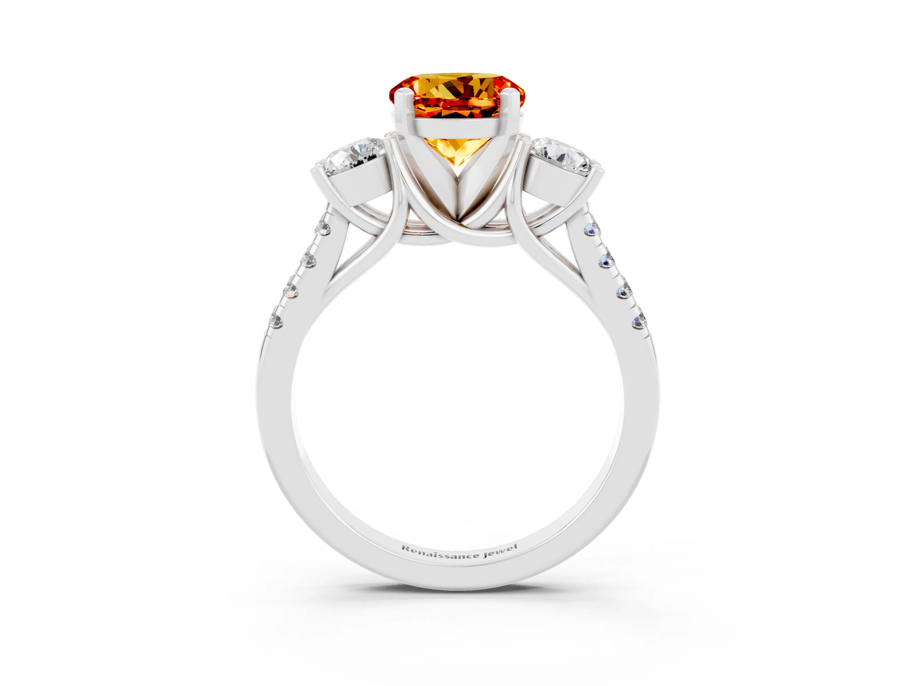White gold Three-Stone Round Cut Citrine Pavé Band with Four-Prong Setting_3