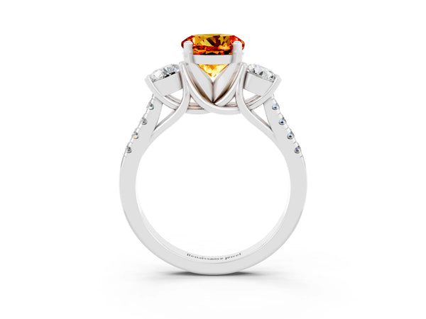 White gold Three-Stone Round Cut Citrine Pavé Band with Four-Prong Setting