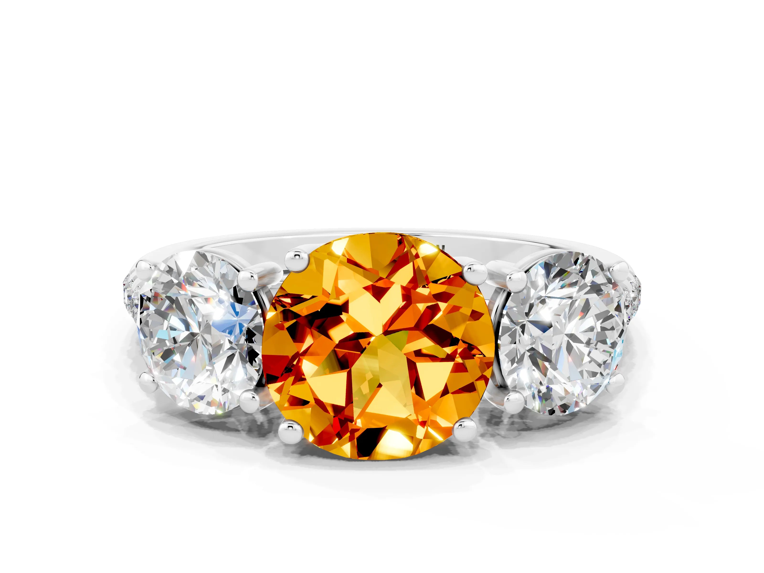 White gold Three-Stone Round Cut Citrine Ring with Pavé Band and Prong Setting_12