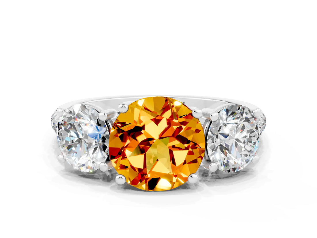 White gold Three-Stone Round Cut Citrine Ring with Pavé Band and Prong Setting_12