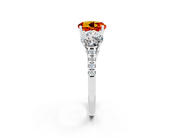 White gold Three-Stone Round Cut Citrine Ring with Round  Pavé Band and Prong Setting