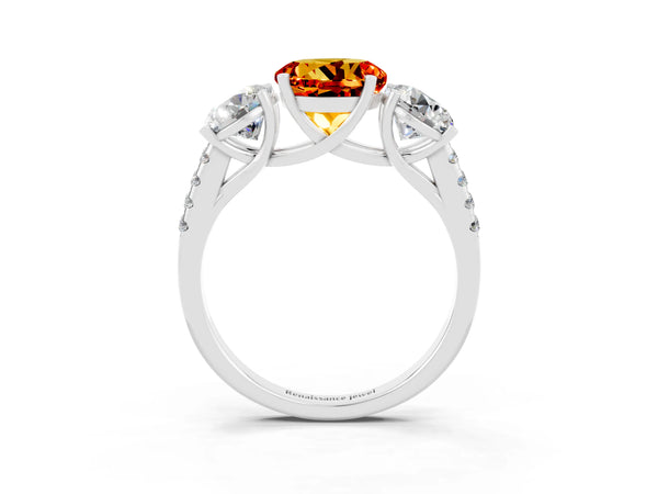White gold Three-Stone Round Cut Citrine Ring with Round  Pavé Band and Prong Setting