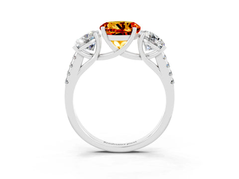 White gold Three-Stone Round Cut Citrine Ring with Pavé Band and Prong Setting_15