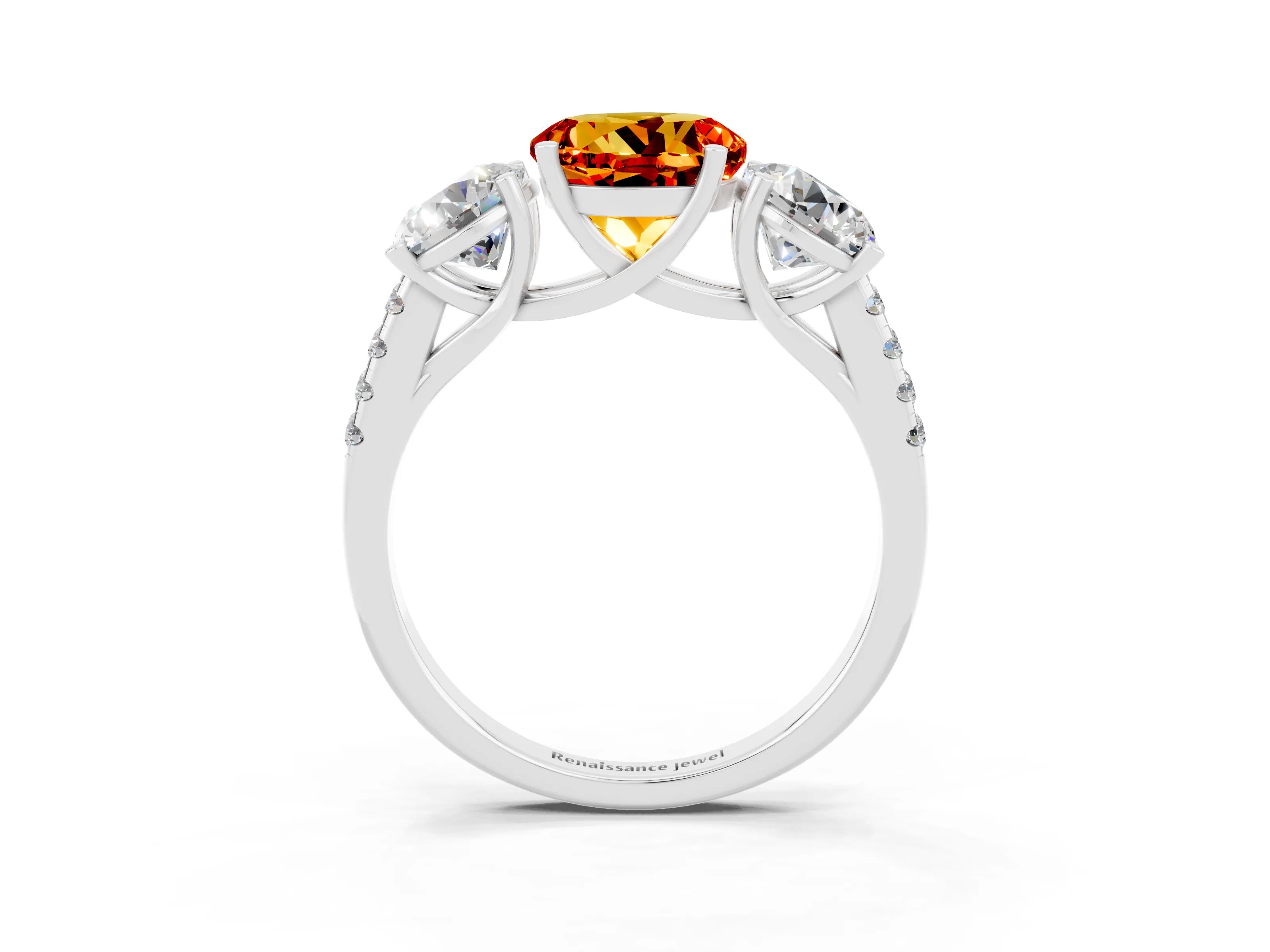 White gold Three-Stone Round Cut Citrine Ring with Pavé Band and Prong Setting_15
