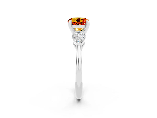 White gold Three-Stone Round Cut Citrine Ring with Pear Side Stones and Four-Prong Setting