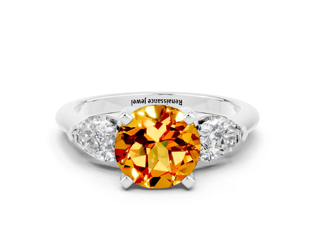 White gold Three-Stone Round Cut Citrine Ring with Pear Side Stones and Four-Prong Setting_23