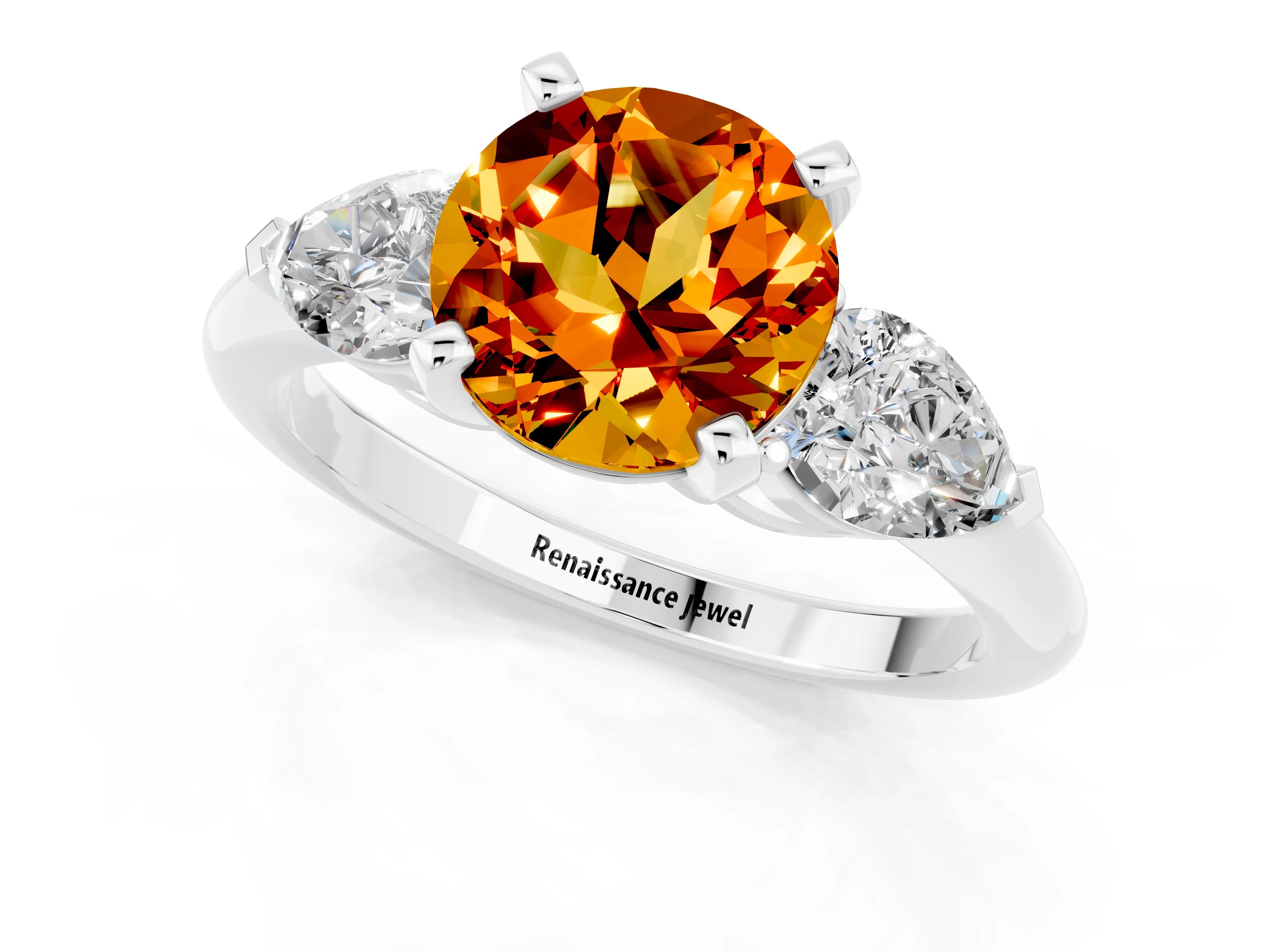 White gold Three-Stone Round Cut Citrine Ring with Pear Side Stones and Four-Prong Setting_24