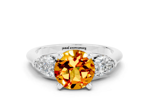 White gold Three-Stone Round Cut Citrine Ring with Pear Side Stones and Four-Prong Setting_24