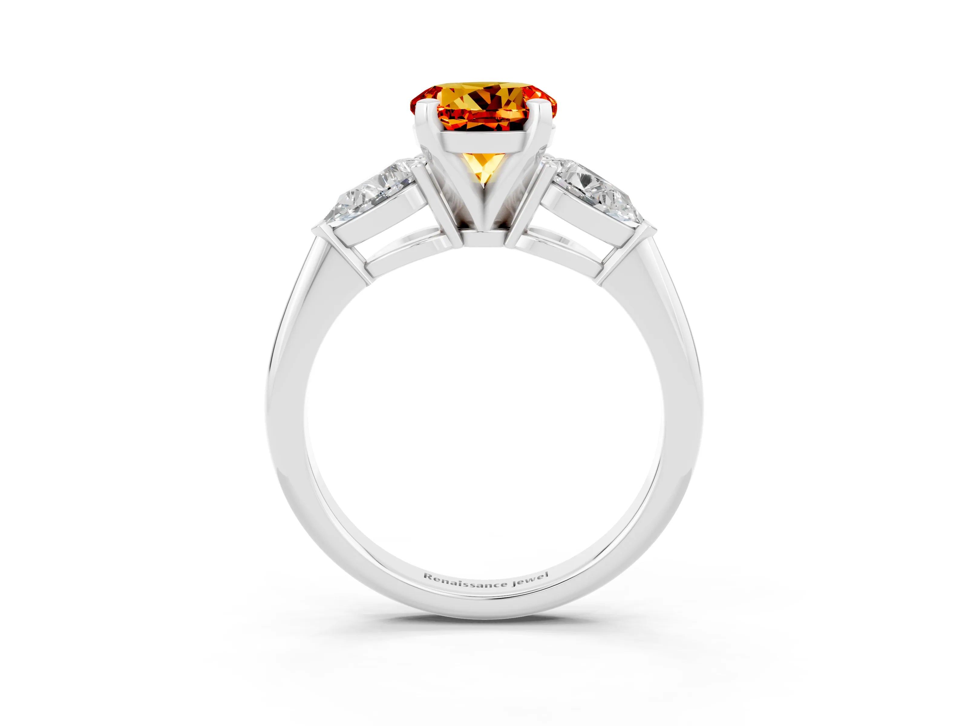 White gold Three-Stone Round Cut Citrine Ring with Pear Side Stones and Four-Prong Setting_26