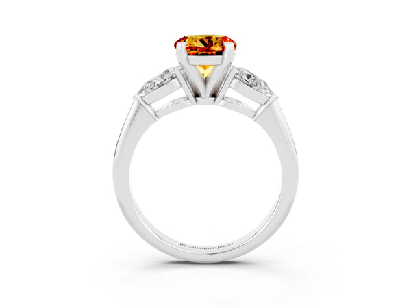 Platinum Three-Stone Round Cut Citrine Ring with Pear Side Stones and Four-Prong Setting