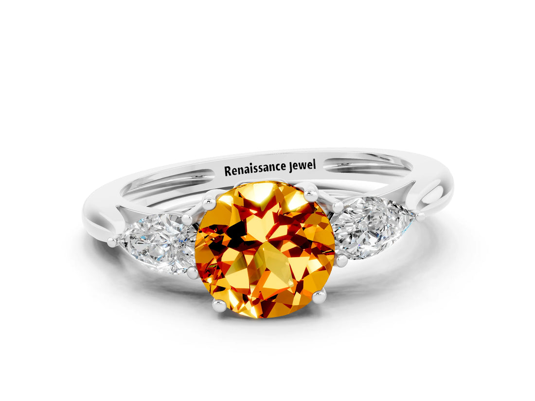 White gold Three-Stone Round Cut Citrine Ring with Pear  Side Stones in Four-Prong Setting_24