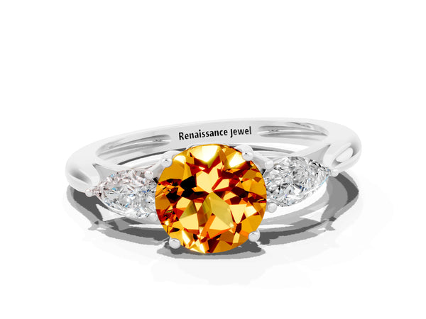 White gold Three-Stone Round Cut Citrine Ring with Pear  Side Stones in Four-Prong Setting