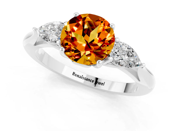 Silver Three-Stone Round Cut Citrine Ring with Pear  Side Stones in Four-Prong Setting