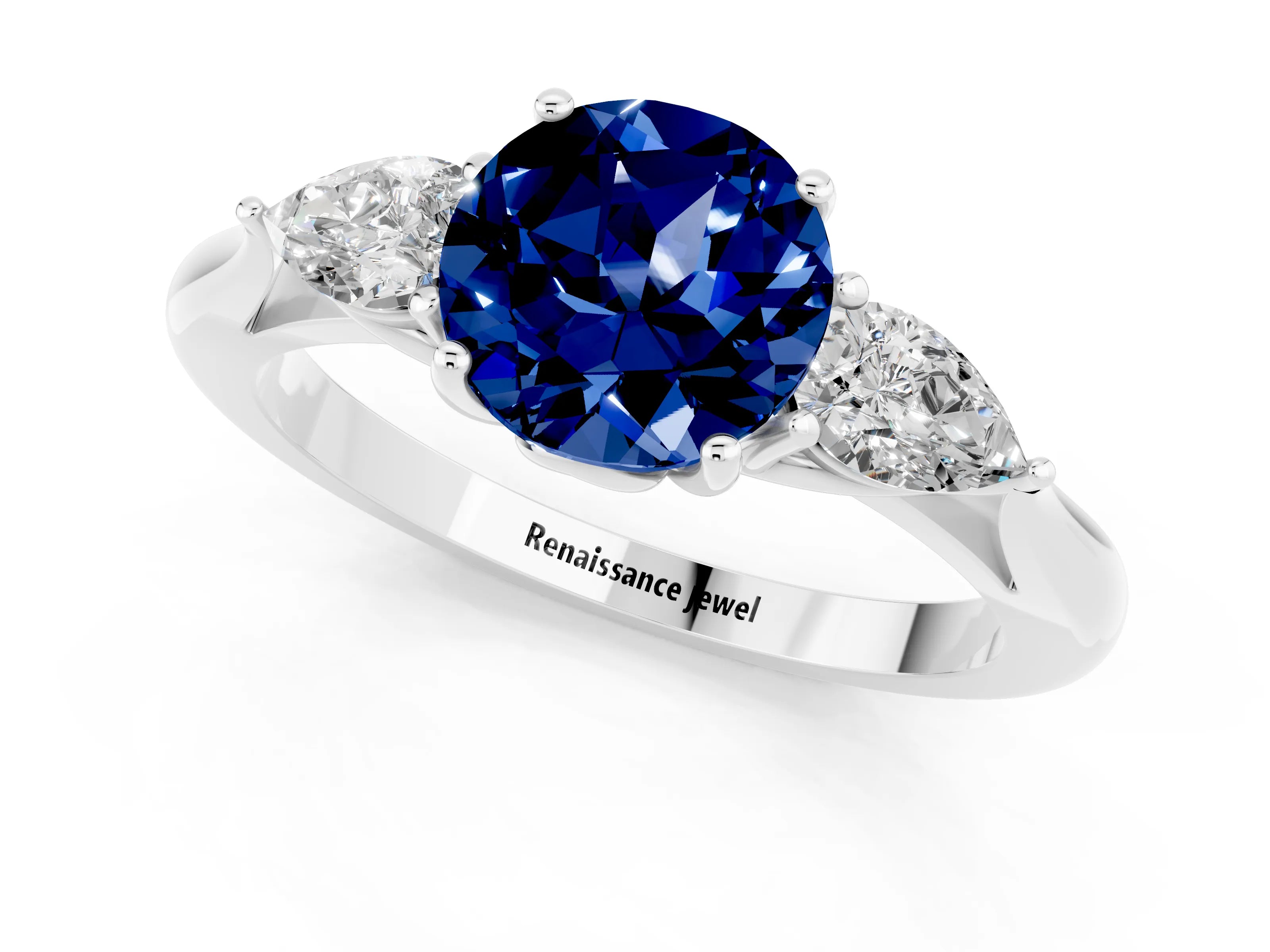 White gold Three-Stone Round Cut Cut Diamond Ring with Pear Side Stones in Four-Prong Setting_1