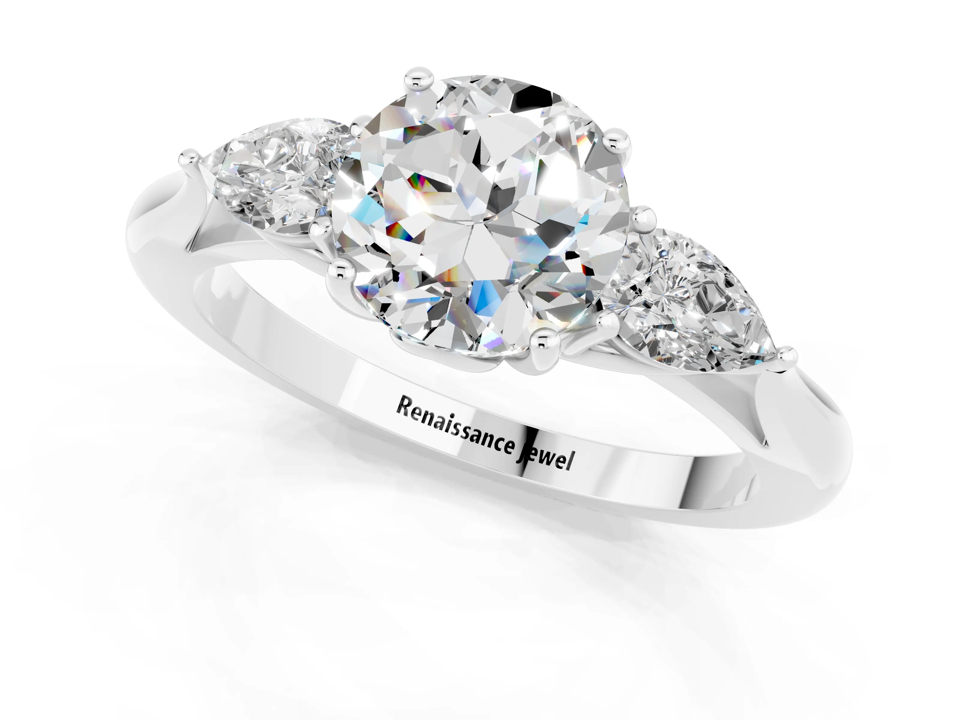 White gold Three-Stone Round Cut Cut Diamond Ring with Pear Side Stones in Four-Prong Setting_1