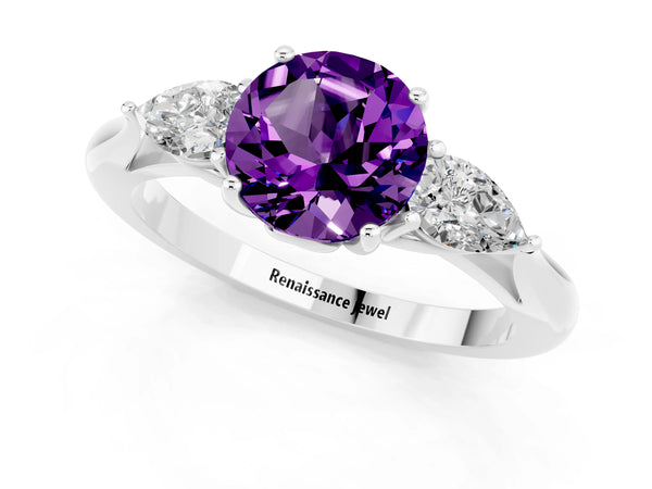 Silver Three-Stone Round Cut Amethyst Ring with Pear  Side Stones in Four-Prong Setting