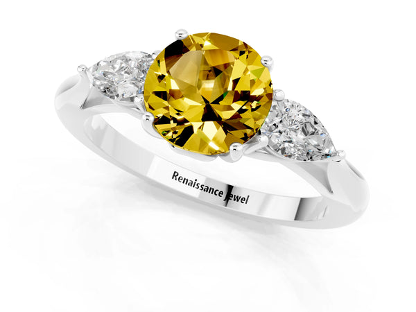 Platinum Three-Stone Round Cut Yellow Sapphire Ring with Pear  Side Stones in Four-Prong Setting