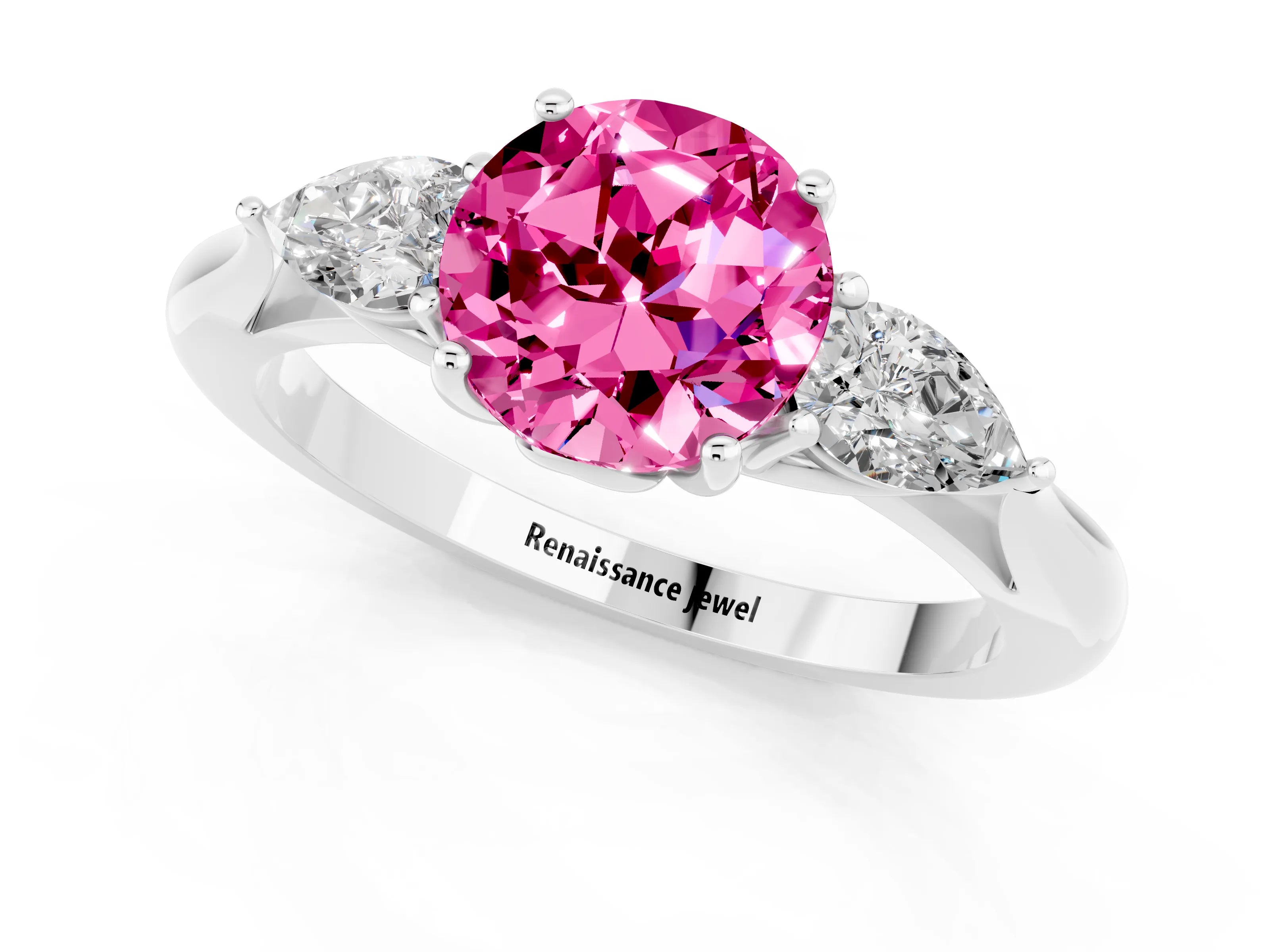 White gold Three-Stone Round Cut Cut Diamond Ring with Pear Side Stones in Four-Prong Setting_1