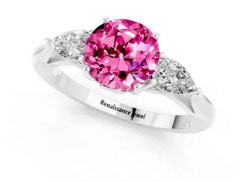 White gold Three-Stone Round Cut Cut Diamond Ring with Pear Side Stones in Four-Prong Setting_1