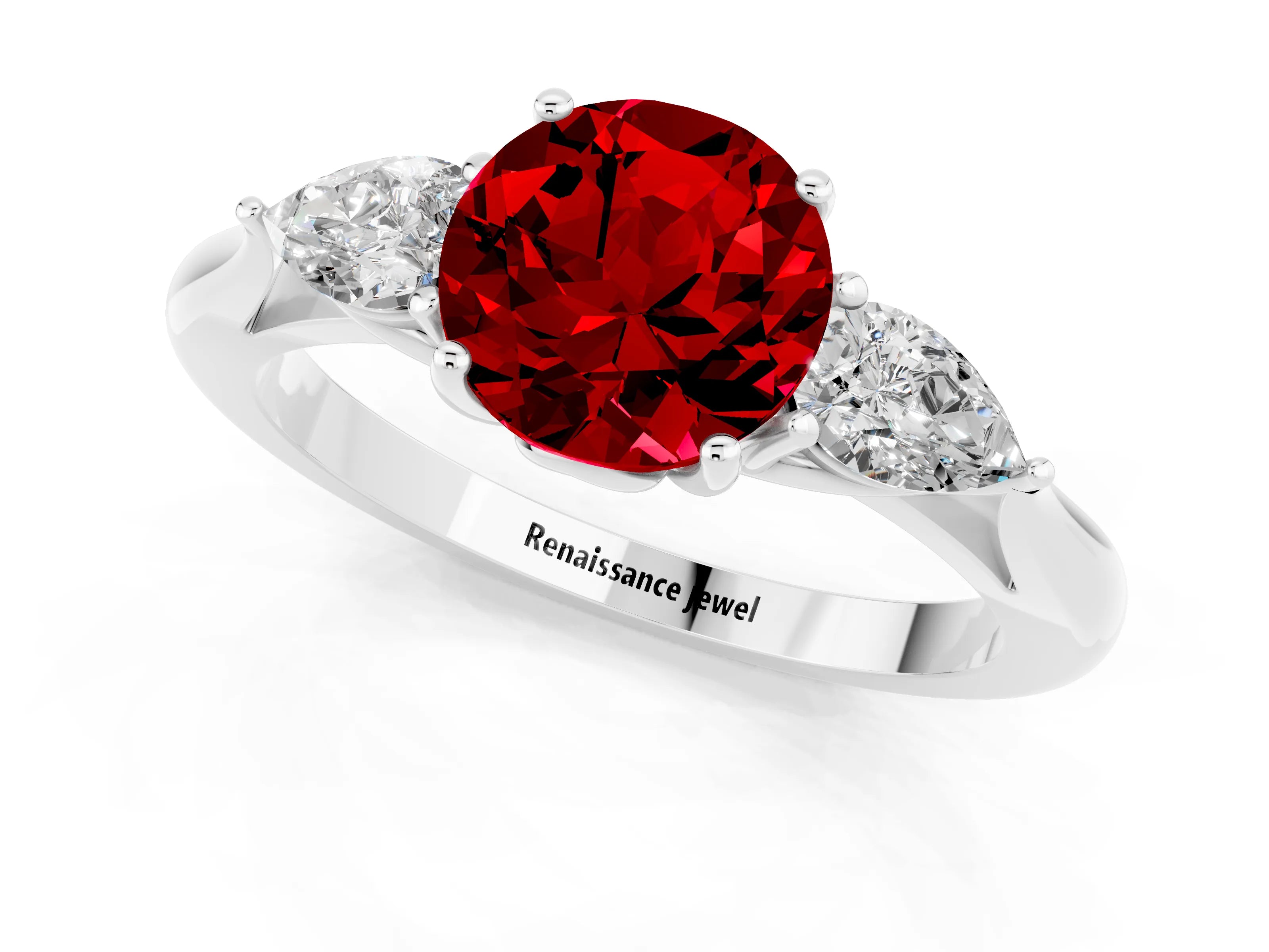 White gold Three-Stone Round Cut Cut Diamond Ring with Pear Side Stones in Four-Prong Setting_1