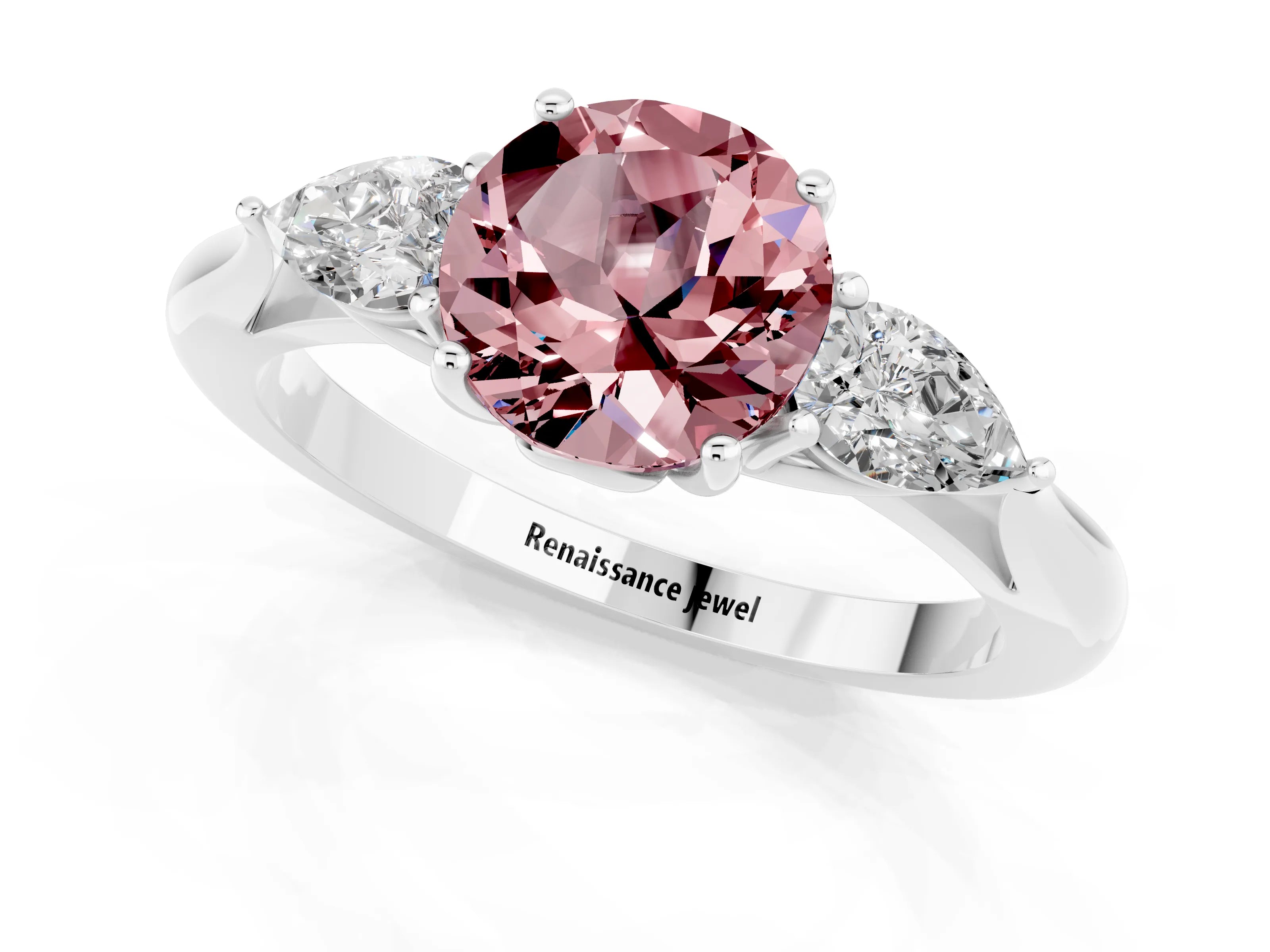 White gold Three-Stone Round Cut Cut Diamond Ring with Pear Side Stones in Four-Prong Setting_1