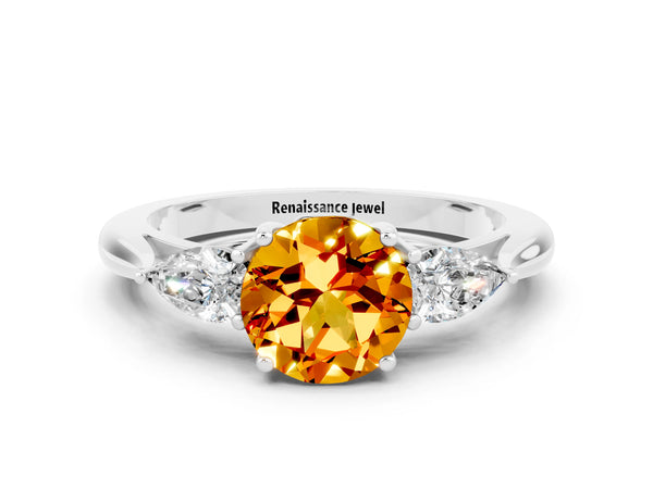 White gold Three-Stone Round Cut Citrine Ring with Pear  Side Stones in Four-Prong Setting