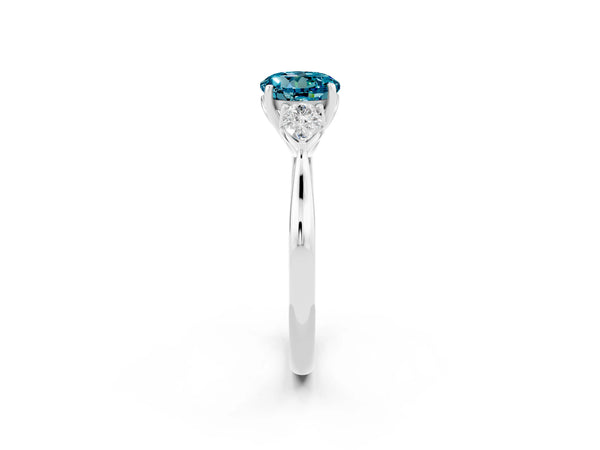 Silver Three-Stone Round Cut Cut Diamond Ring with Pear Side Stones in Four-Prong Setting