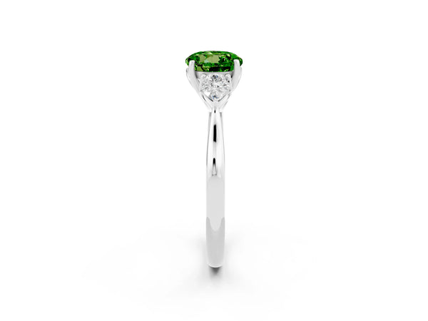 Platinum Three-Stone Round Cut Cut Diamond Ring with Pear Side Stones in Four-Prong Setting