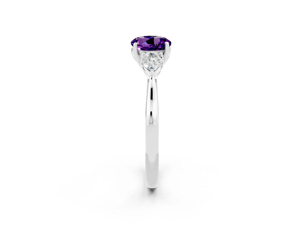 Platinum Three-Stone Round Cut Amethyst Ring with Pear  Side Stones in Four-Prong Setting
