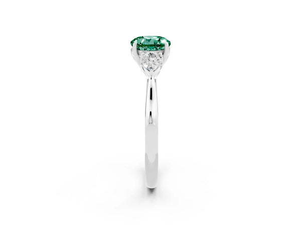 Platinum Three-Stone Round Cut Green Sapphire Ring with Pear  Side Stones in Four-Prong Setting