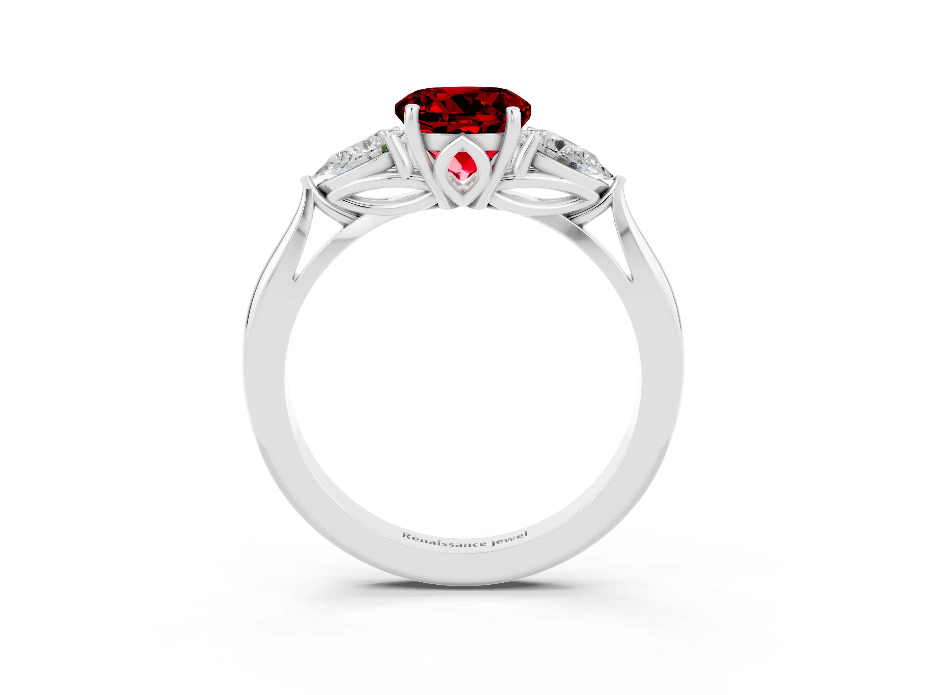 White gold Three-Stone Round Cut Cut Diamond Ring with Pear Side Stones in Four-Prong Setting_3