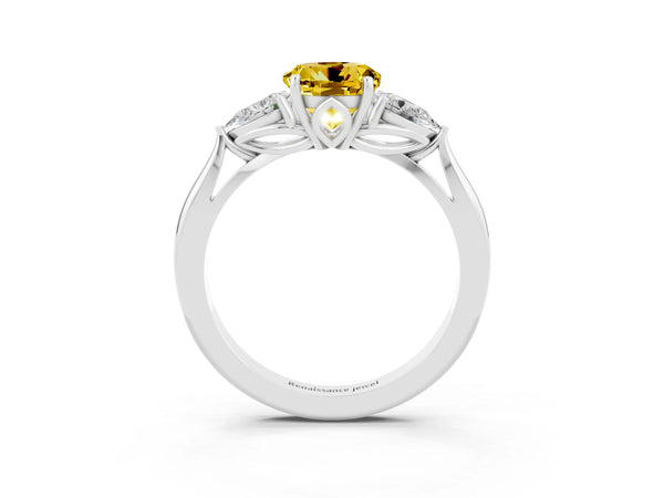 White gold Three-Stone Round Cut Yellow Sapphire Ring with Pear  Side Stones in Four-Prong Setting