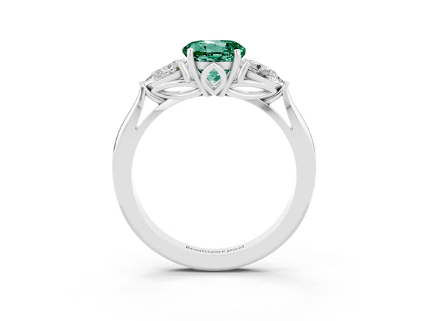 Silver Three-Stone Round Cut Green Sapphire Ring with Pear  Side Stones in Four-Prong Setting