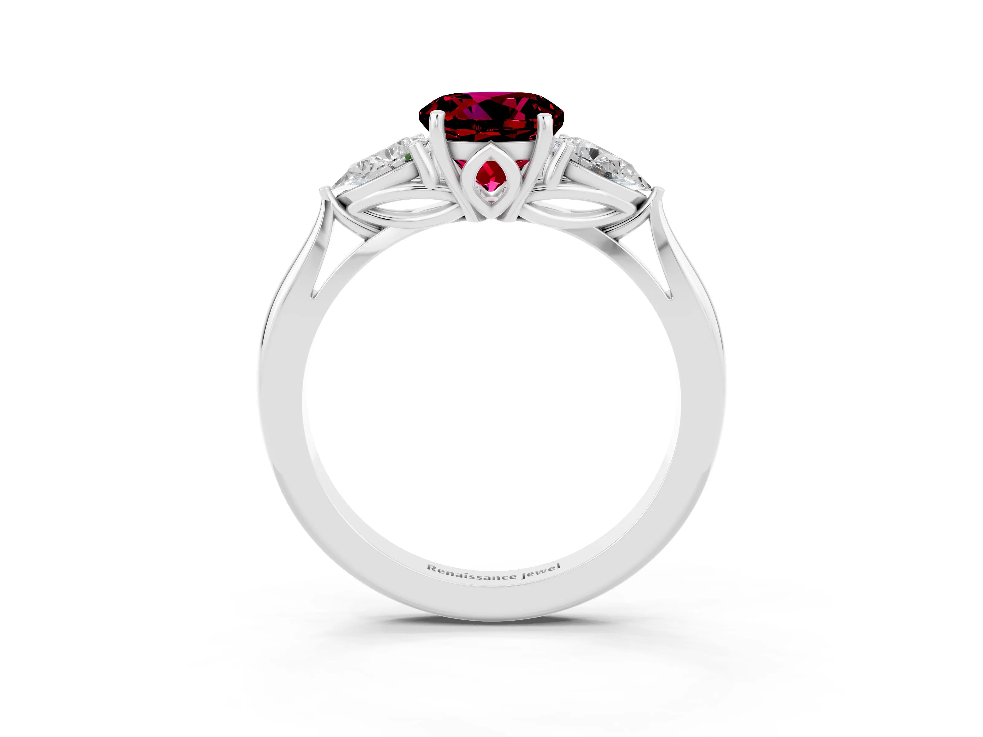 White gold Three-Stone Round Cut Cut Diamond Ring with Pear Side Stones in Four-Prong Setting_3