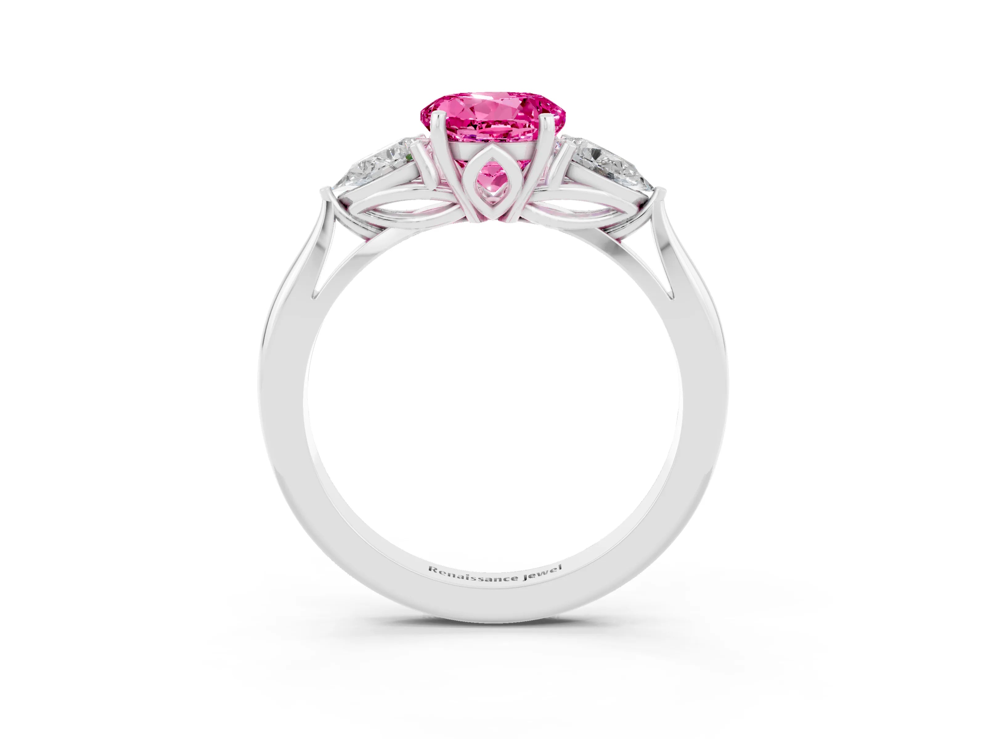 White gold Three-Stone Round Cut Cut Diamond Ring with Pear Side Stones in Four-Prong Setting_3