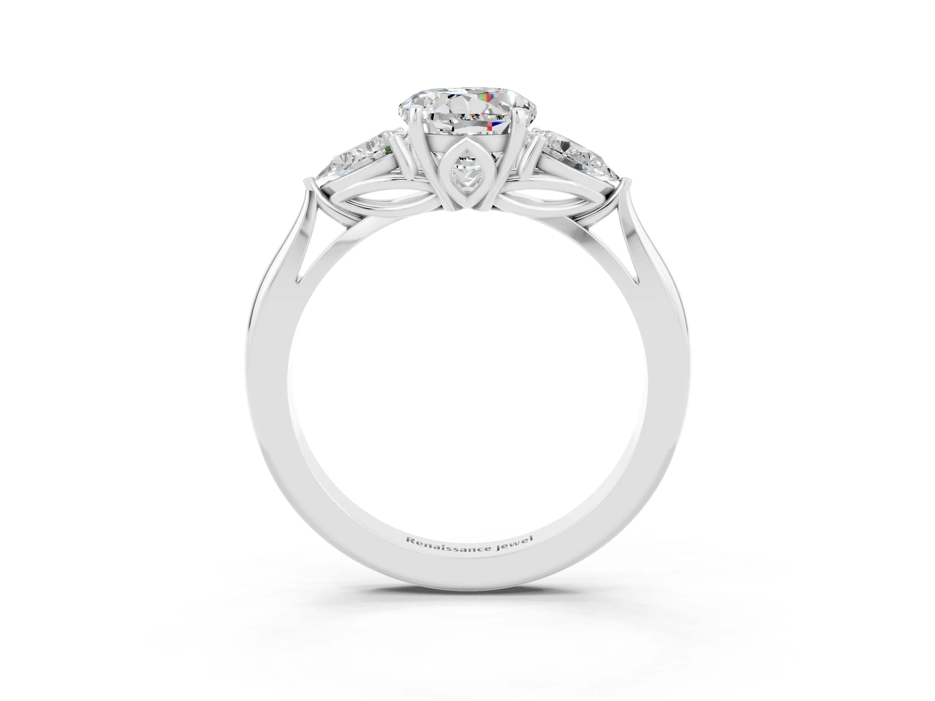 White gold Three-Stone Round Cut Cut Diamond Ring with Pear Side Stones in Four-Prong Setting_3