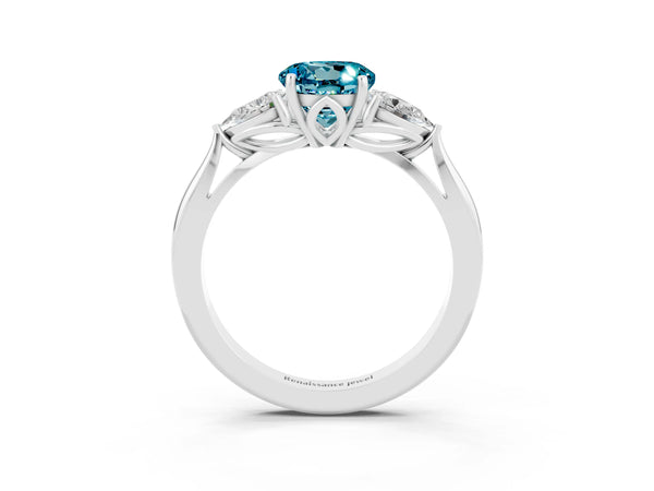White gold Three-Stone Round Cut Cut Diamond Ring with Pear Side Stones in Four-Prong Setting
