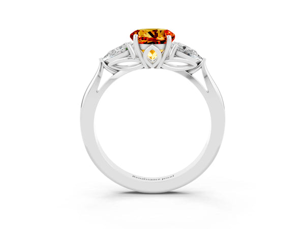 White gold Three-Stone Round Cut Citrine Ring with Pear  Side Stones in Four-Prong Setting