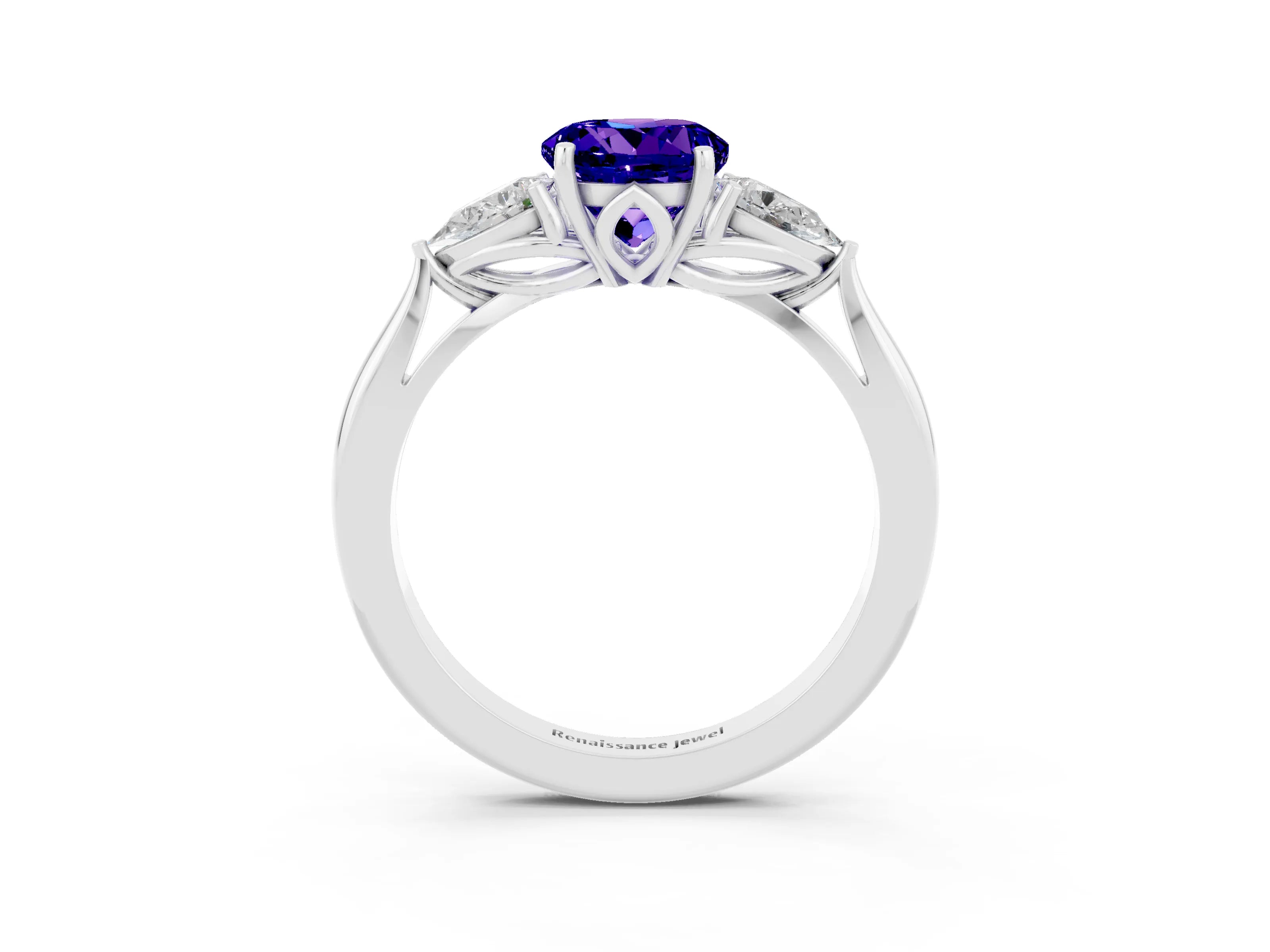 White gold Three-Stone Round Cut Cut Diamond Ring with Pear Side Stones in Four-Prong Setting_3